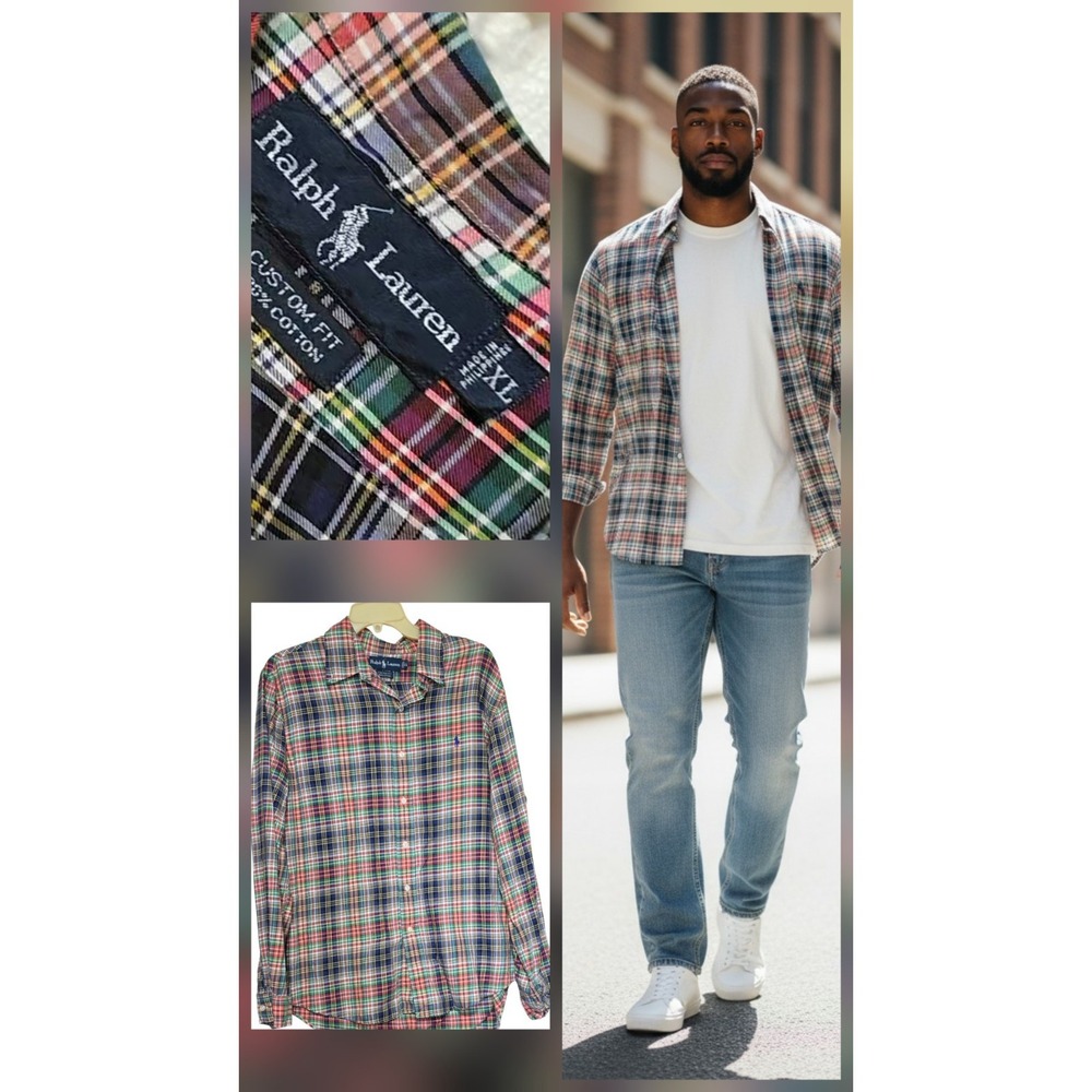 Ralph Lauren Colorful Madras Plaid Button Down Shirt Mens Size XL Multi Polo
